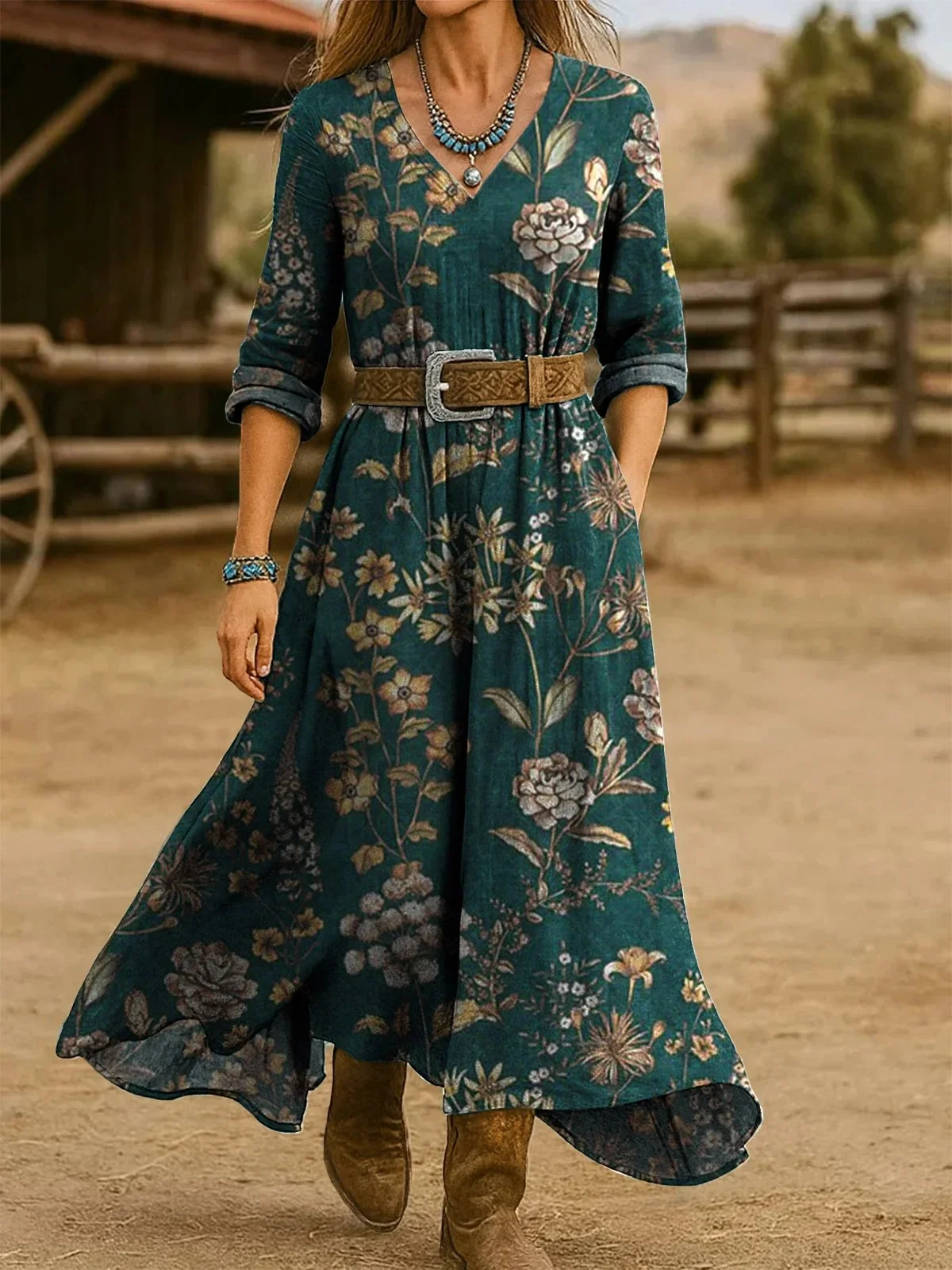Damen Geblümt Frühling/Herbst Kleid V-Ausschnitt Langarm H-Linie Kleid