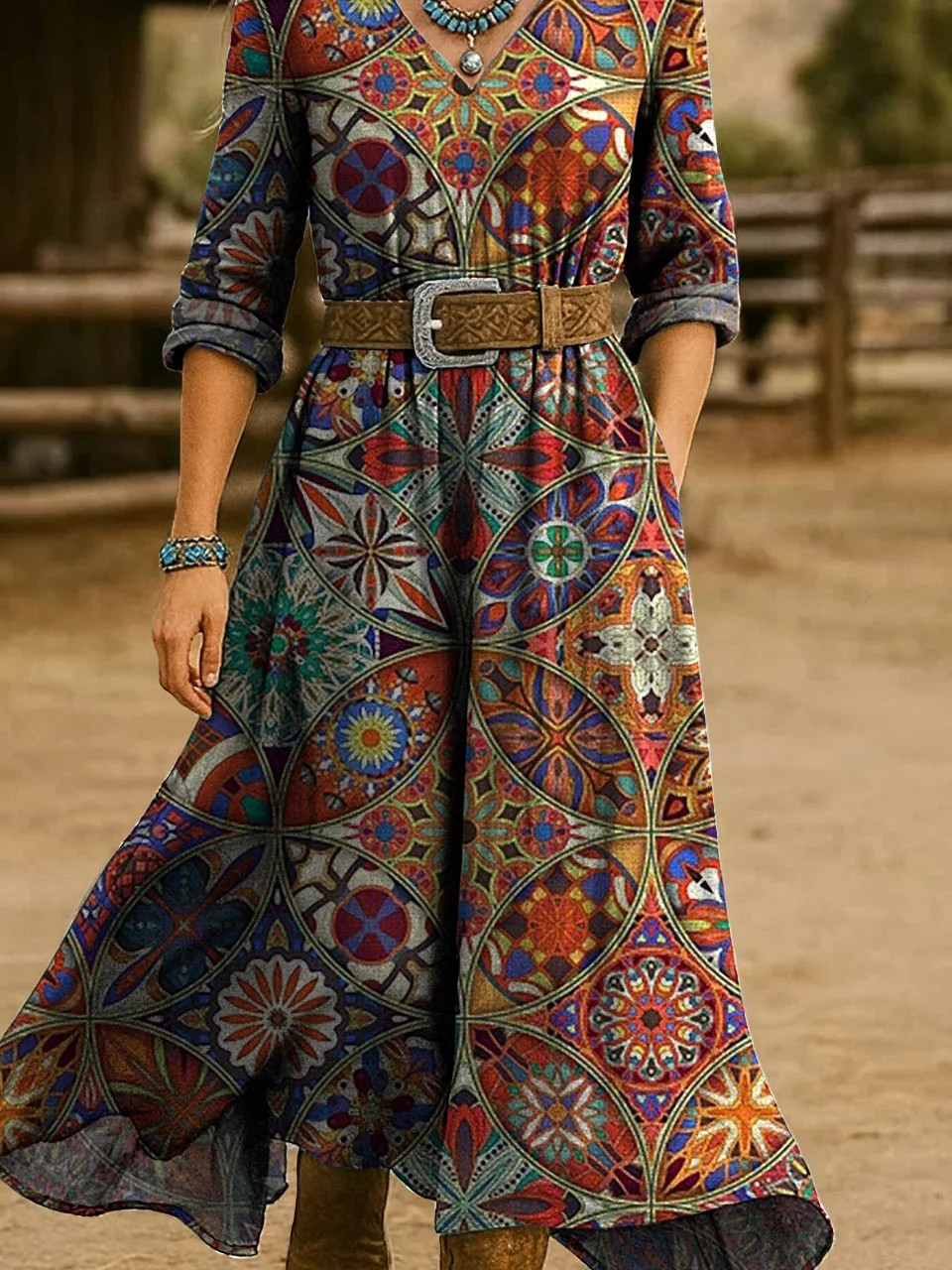 Damen Geblümt Frühling/Herbst Kleid V-Ausschnitt Langarm H-Linie Kleid