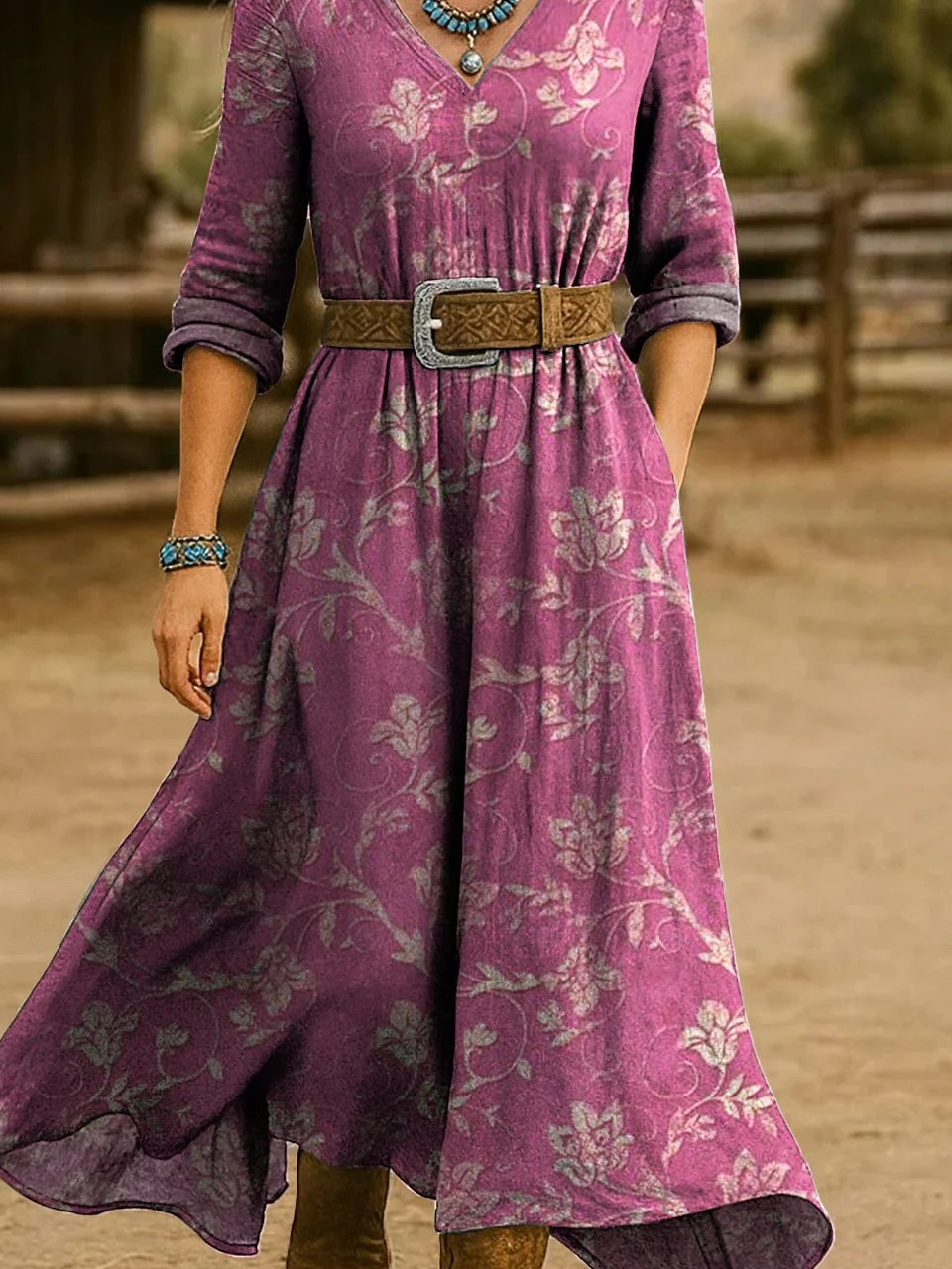 Damen Verlaufsmuster Frühling/Herbst Kleid V-Ausschnitt Langarm H-Linie Kleid