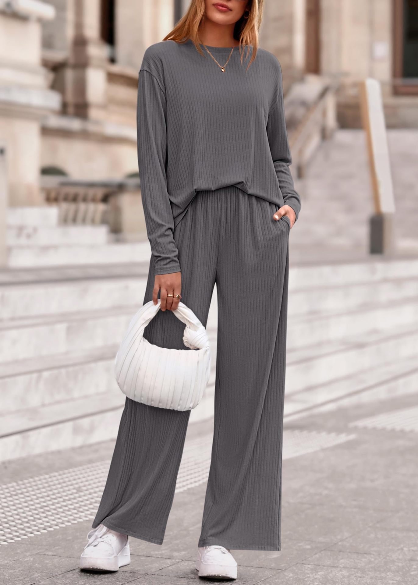 Damen Unifarben Zweiteiliges Set Täglich Langarm Lässig Frühling/Herbst Bluse mit Hose Matching Set