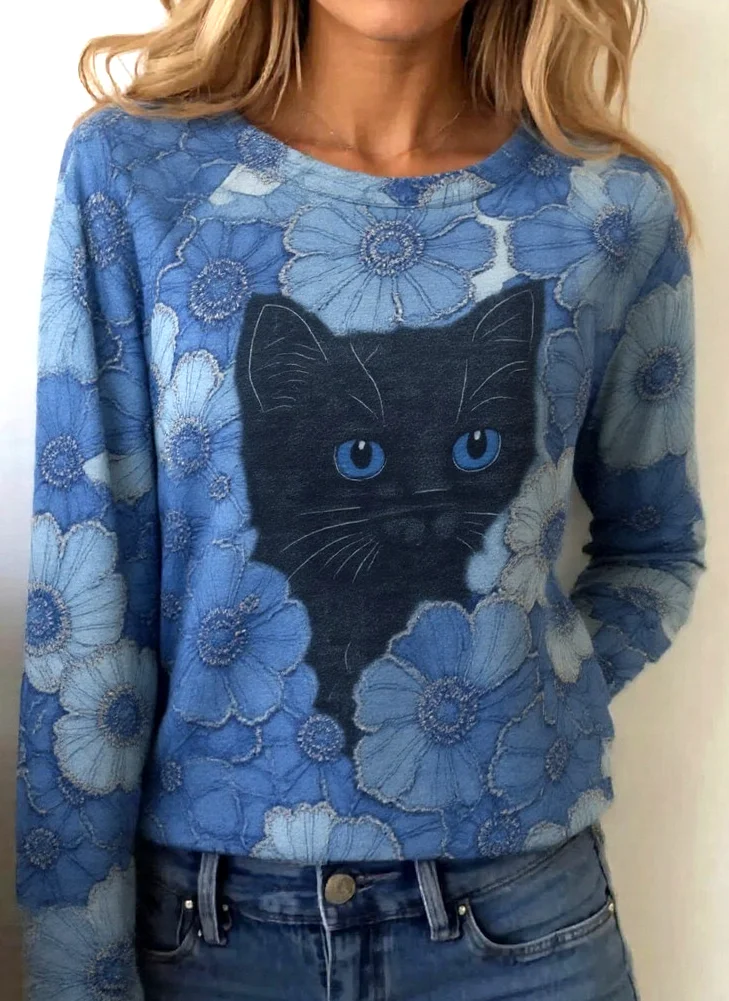 Lässig Geblümt Rundhals Langarm T-Shirt