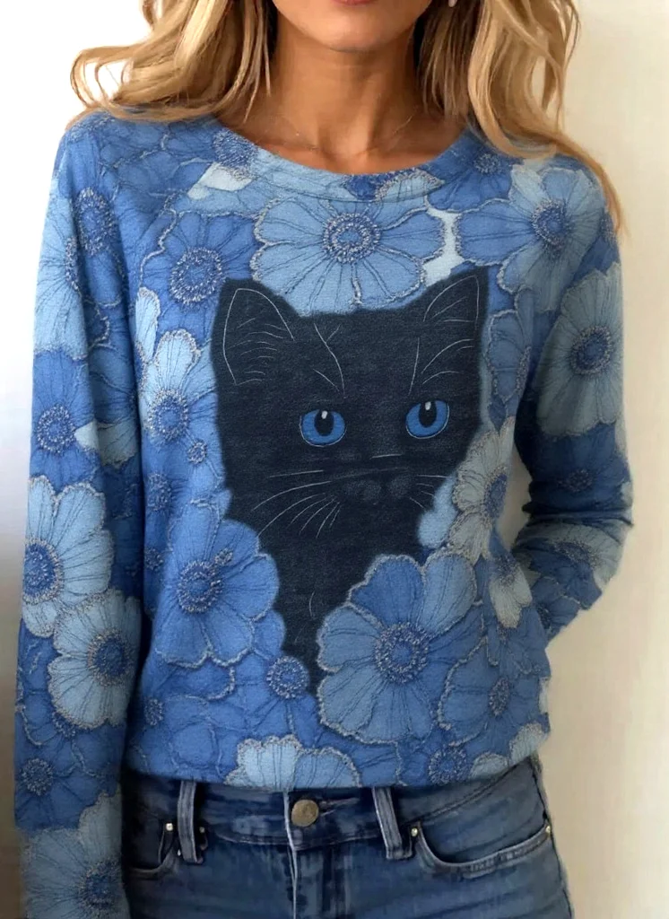 Lässig Geblümt Rundhals Langarm T-Shirt