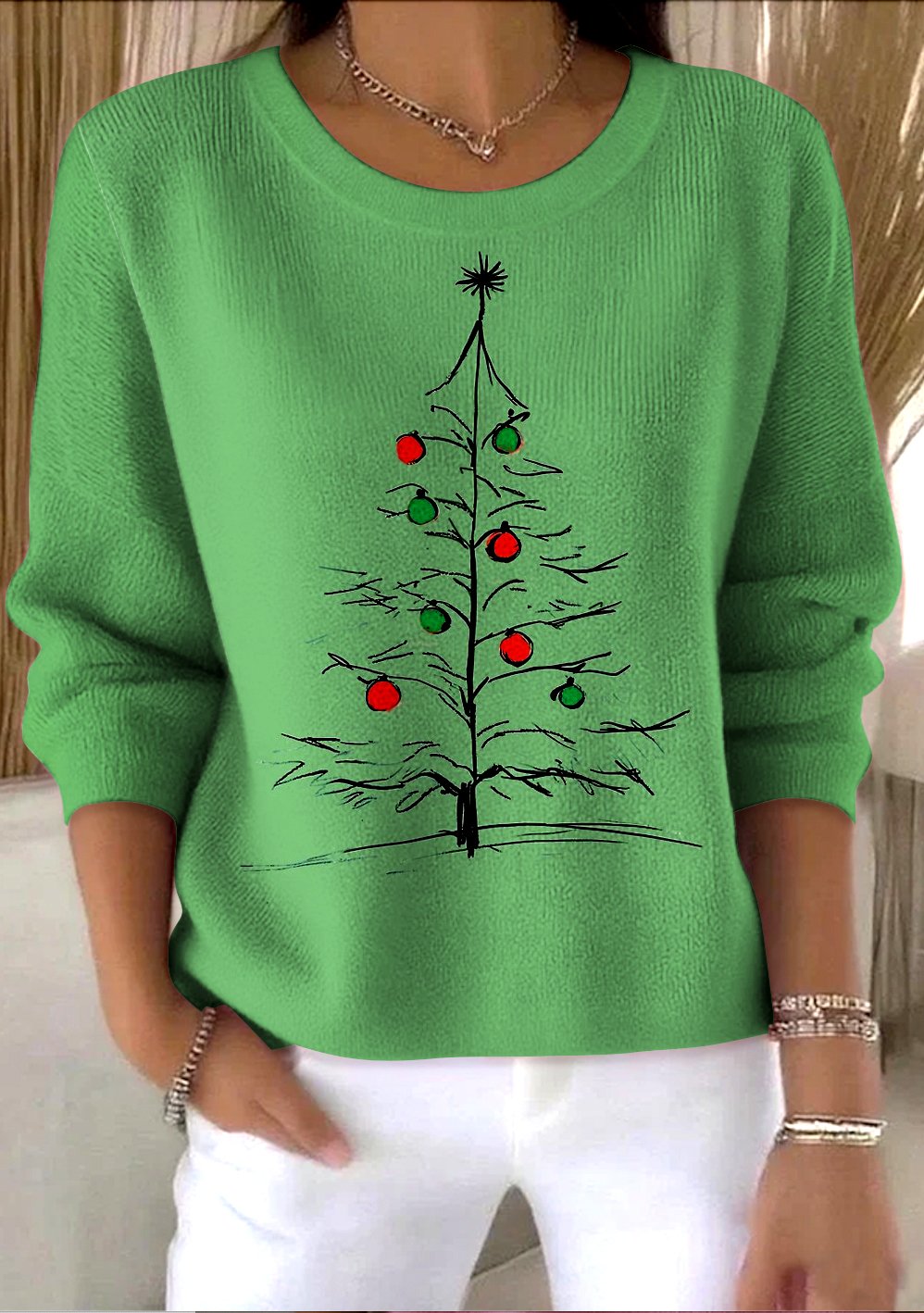 Damen Baumwolle Weihnachten Langarm Bequem Retro Pullover