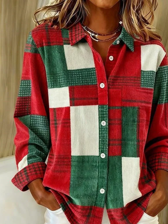Hemdkragen Normale Ärmel Langarm Weihnachten Schnalle Regelmäßig Weit Knopfhemd Bluse für Damen