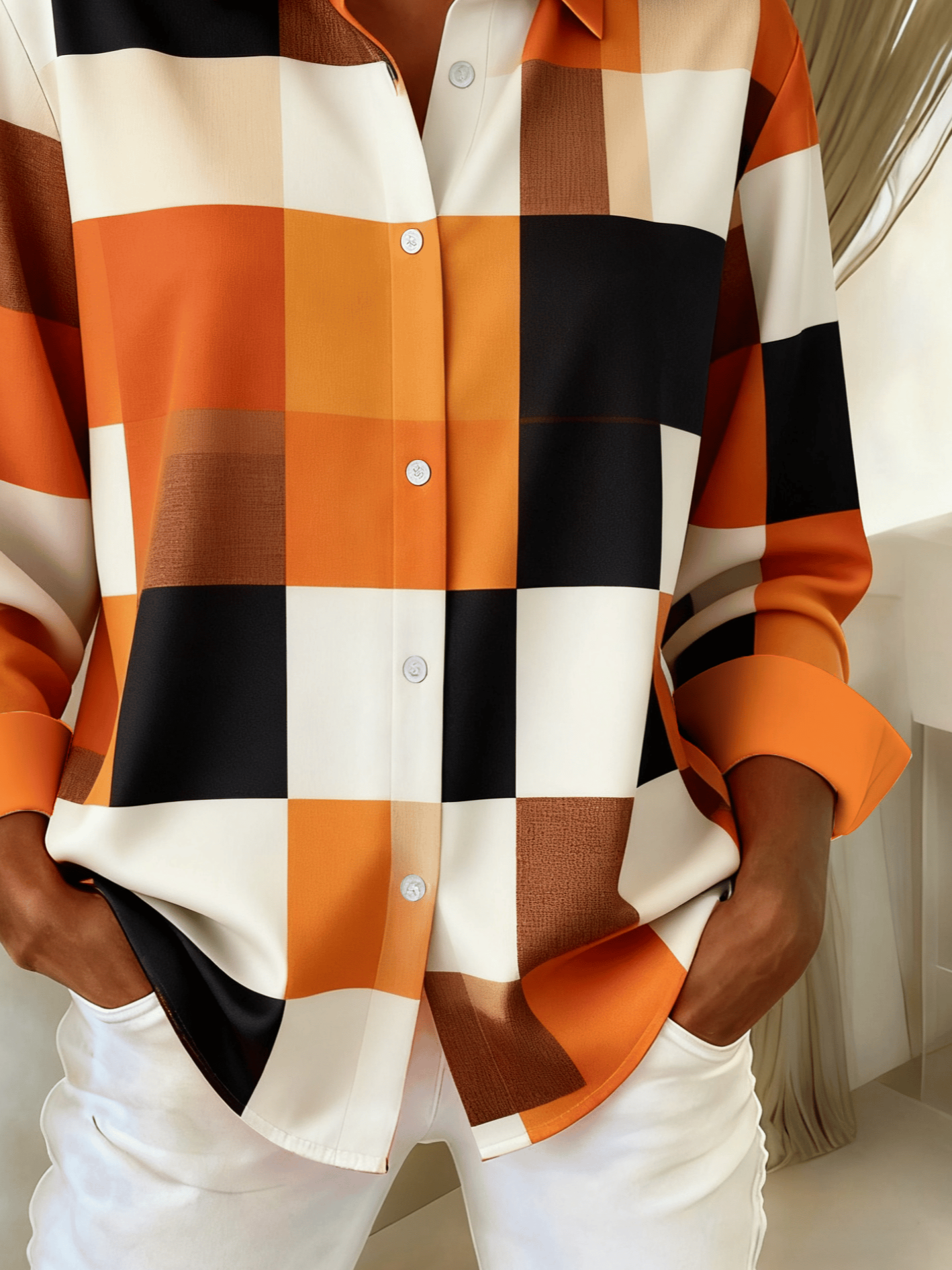 Hemdkragen Normale Ärmel Langarm Abstrakt Schnalle Regelmäßig Weit Knopfhemd Bluse für Damen