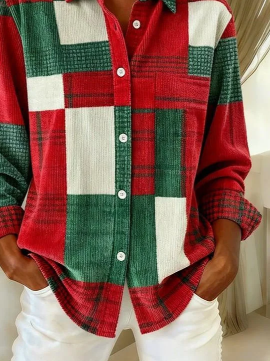 Hemdkragen Normale Ärmel Langarm Weihnachten Schnalle Regelmäßig Weit Knopfhemd Bluse für Damen