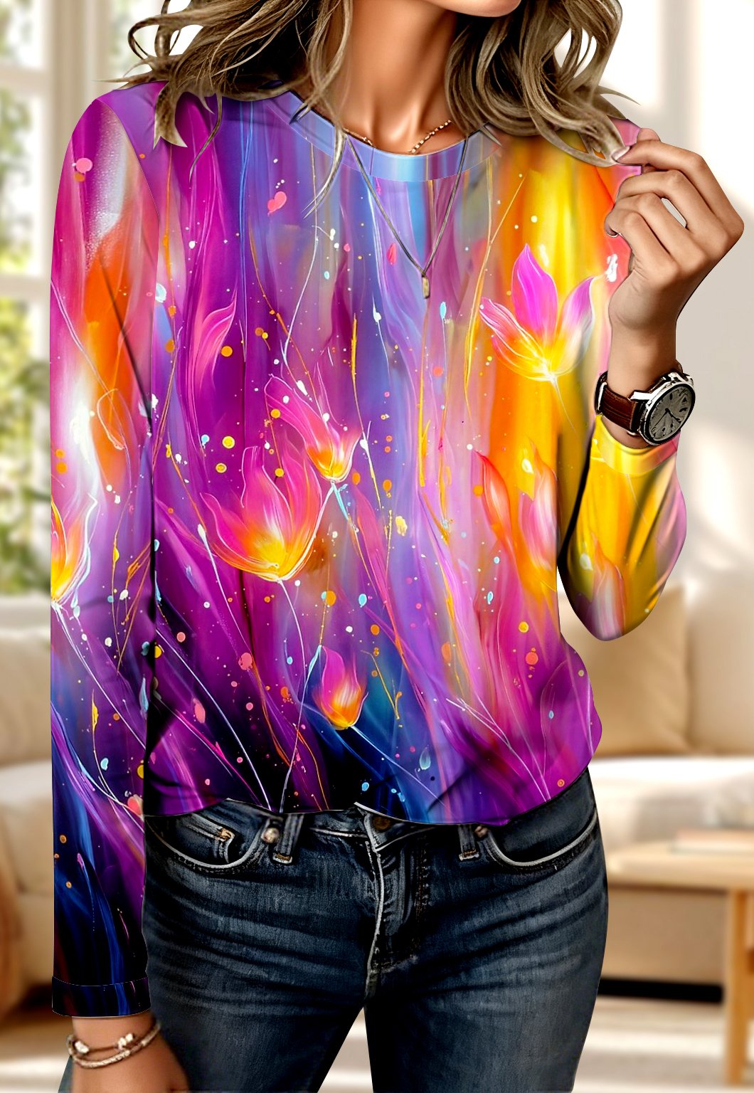 Retro Geometrisch Rundhals Langarm T-Shirt