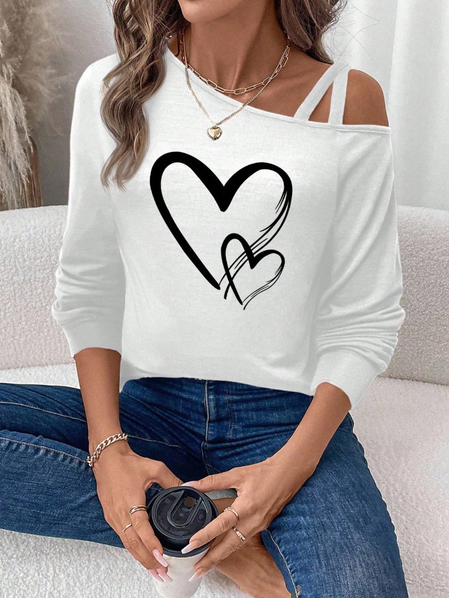 Lässig Geometrisch Schulterfrei Langarm T-Shirt