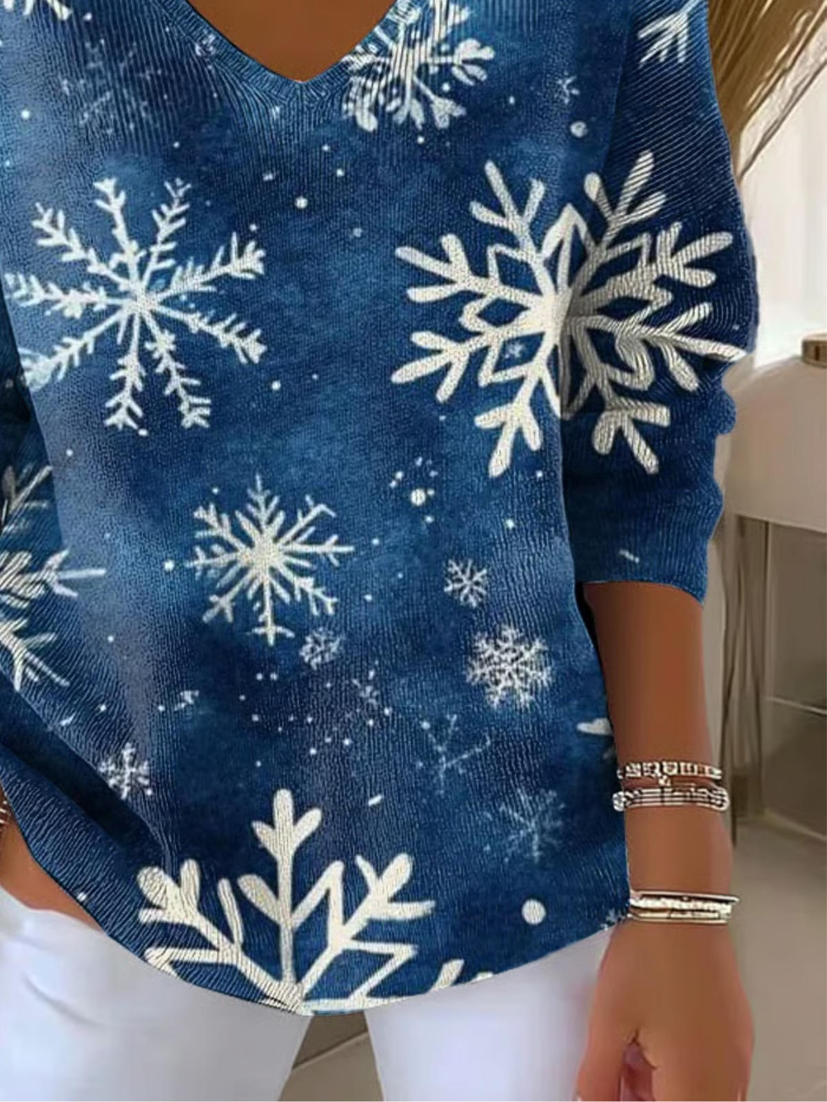 Damen Baumwolle Schneeflocke Langarm Bequem Lässig Pullover