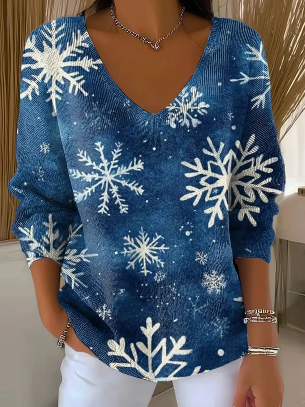 Damen Baumwolle Schneeflocke Langarm Bequem Lässig Pullover