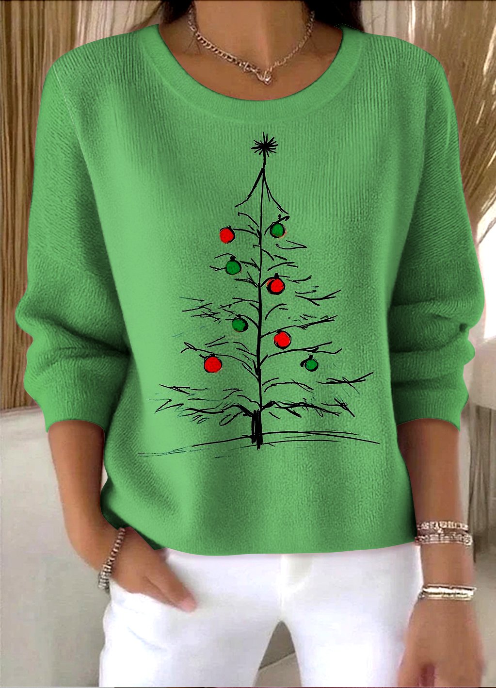 Damen Baumwolle Weihnachten Langarm Bequem Retro Pullover