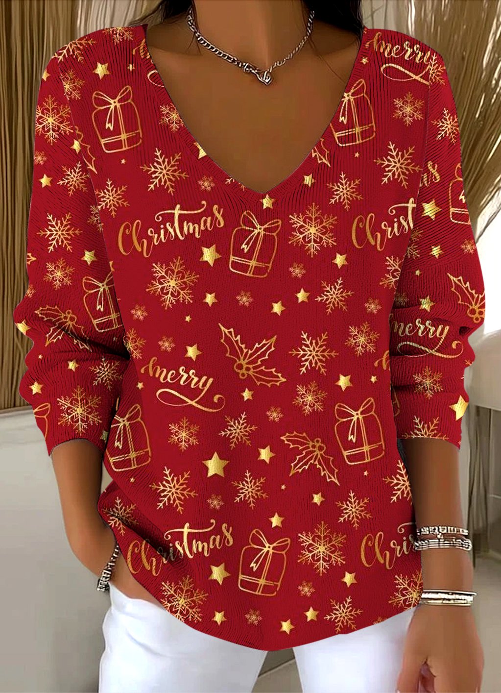 Damen Baumwolle Weihnachten Langarm Bequem Lässig Pullover