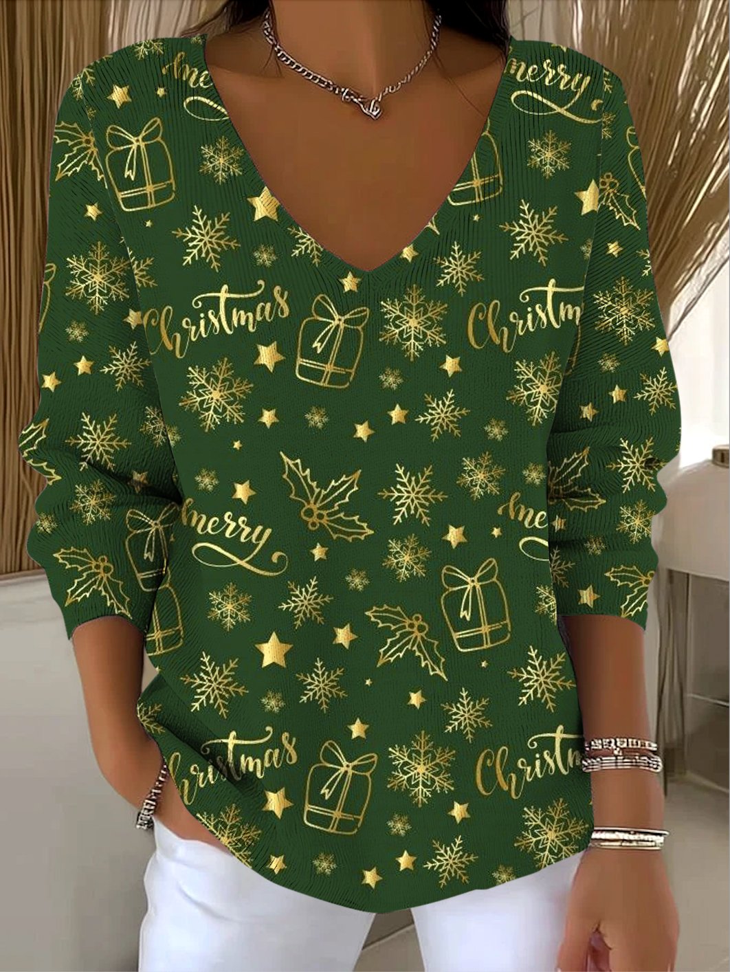 Damen Baumwolle Weihnachten Langarm Bequem Lässig Pullover