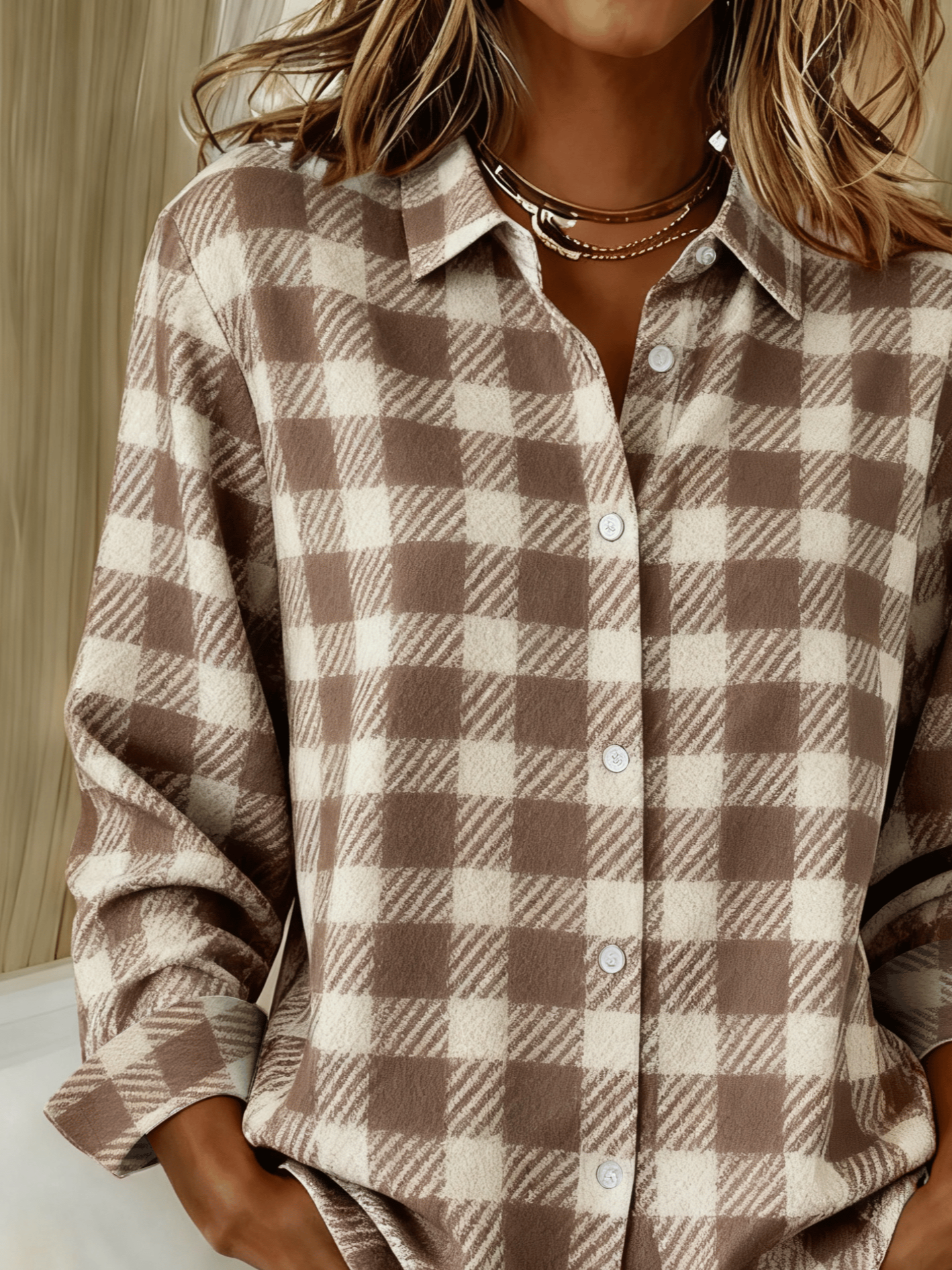 Hemdkragen Normale Ärmel Langarm Kariert Schnalle Regelmäßig Weit Knopfhemd Bluse für Damen