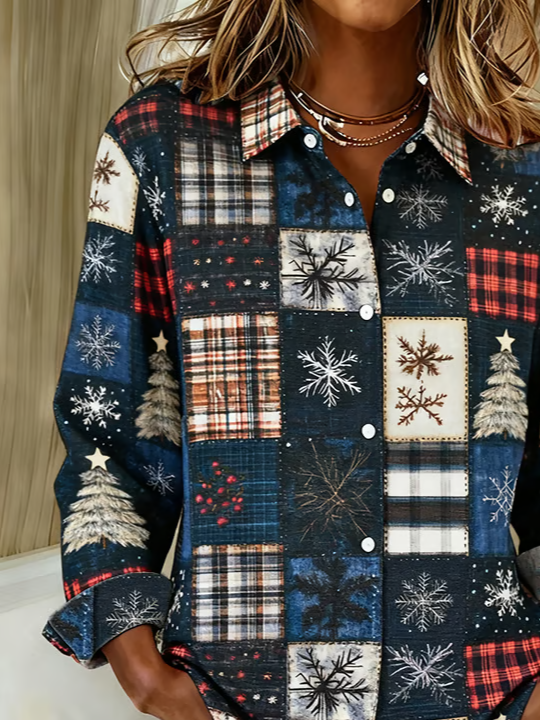 Hemdkragen Normale Ärmel Langarm Weihnachten Schnalle Regelmäßig Weit Knopfhemd Bluse für Damen