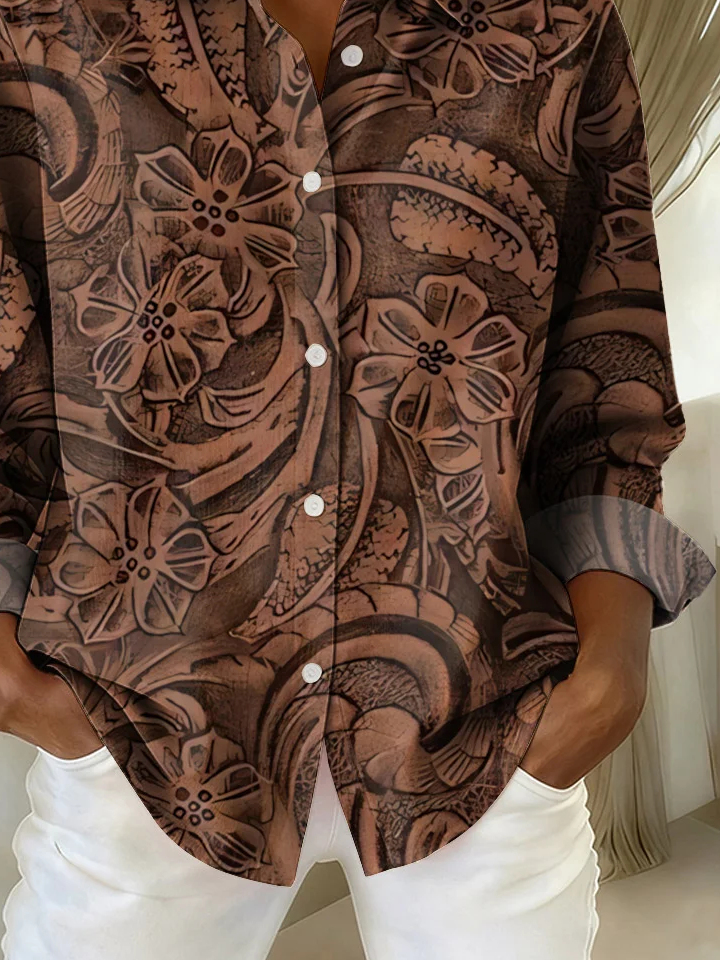 Hemdkragen Normale Ärmel Langarm Geblümt Schnalle Regelmäßig Weit Knopfhemd Bluse für Damen