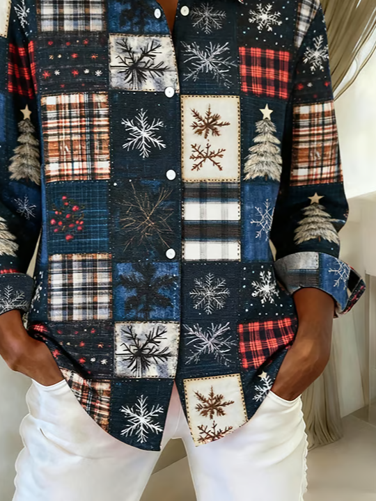 Hemdkragen Normale Ärmel Langarm Weihnachten Schnalle Regelmäßig Weit Knopfhemd Bluse für Damen