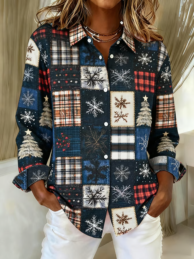 Hemdkragen Normale Ärmel Langarm Weihnachten Schnalle Regelmäßig Weit Knopfhemd Bluse für Damen