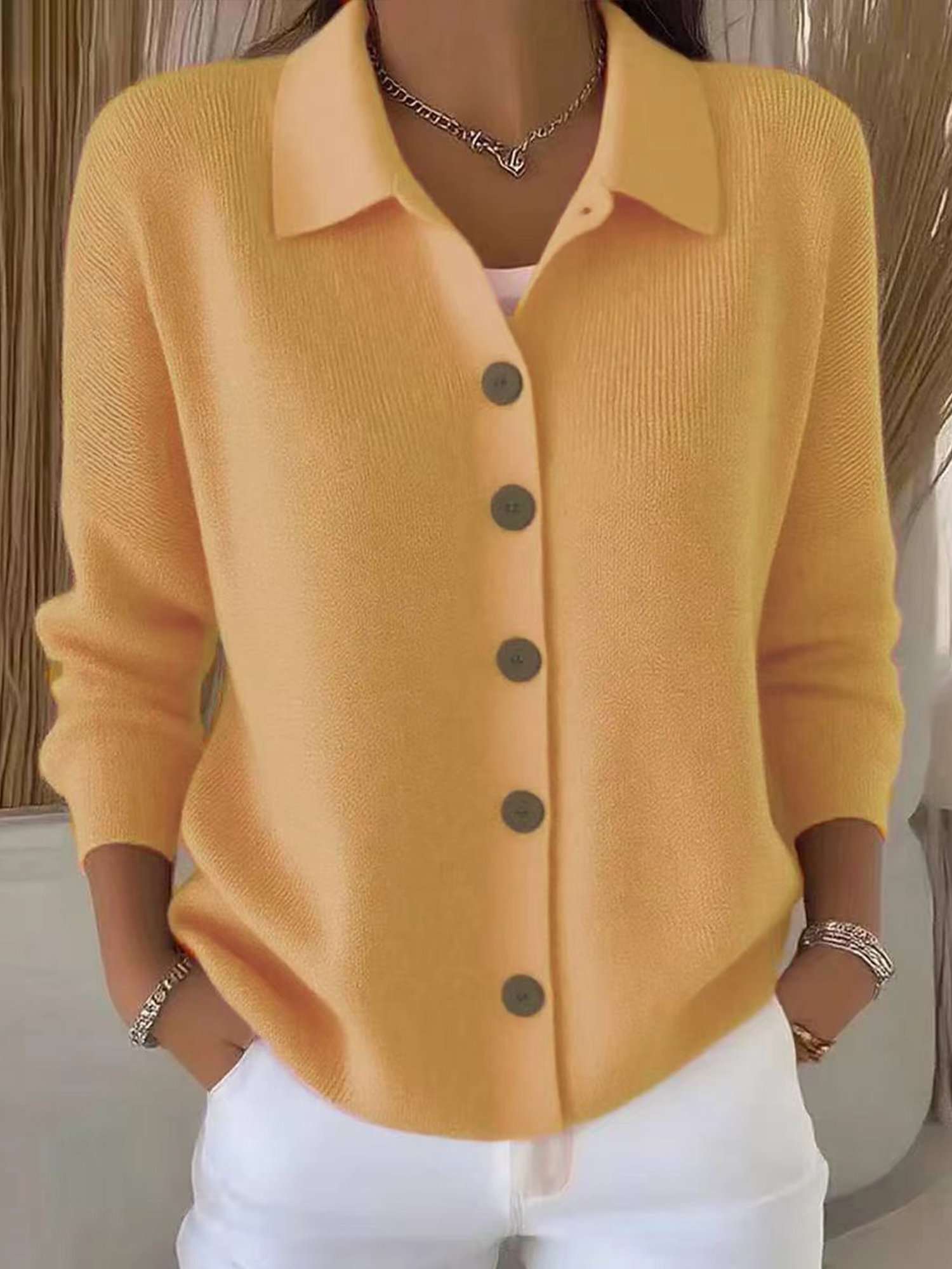 Damen Unifarben Langarm Bequem Lässig Geknöpft Strickjacke