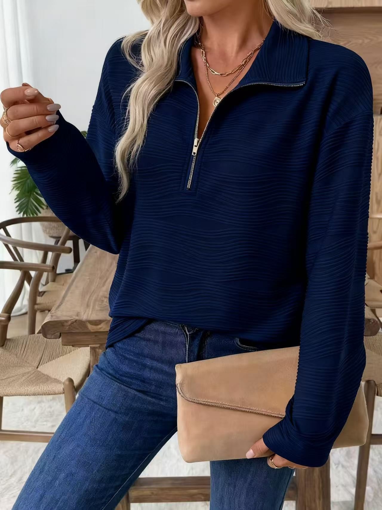 Lässig Schalkragen Unifarben Sweatshirt