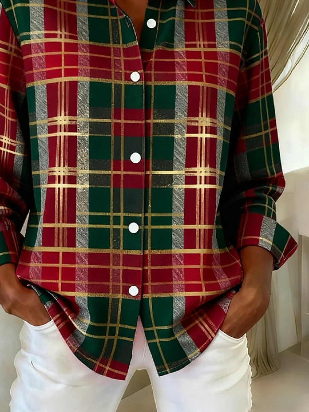 Hemdkragen Normale Ärmel Langarm Kariert Schnalle Regelmäßig Weit Knopfhemd Bluse für Damen
