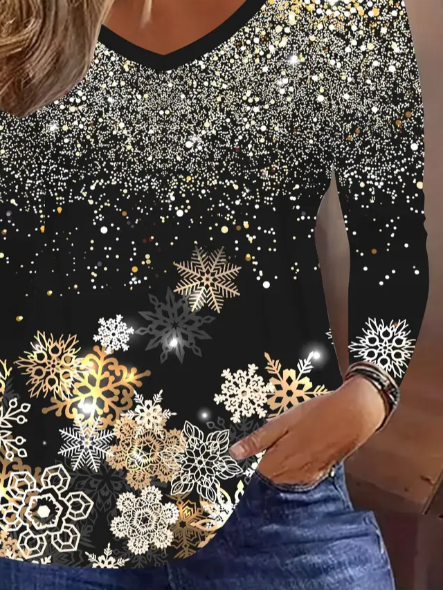 Lässig Weihnachten V-Ausschnitt Langarm T-Shirt