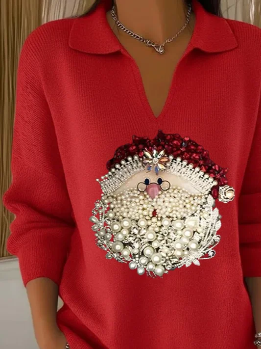 Damen Weihnachtsmann Langarm Bequem Lässig Print Pullover