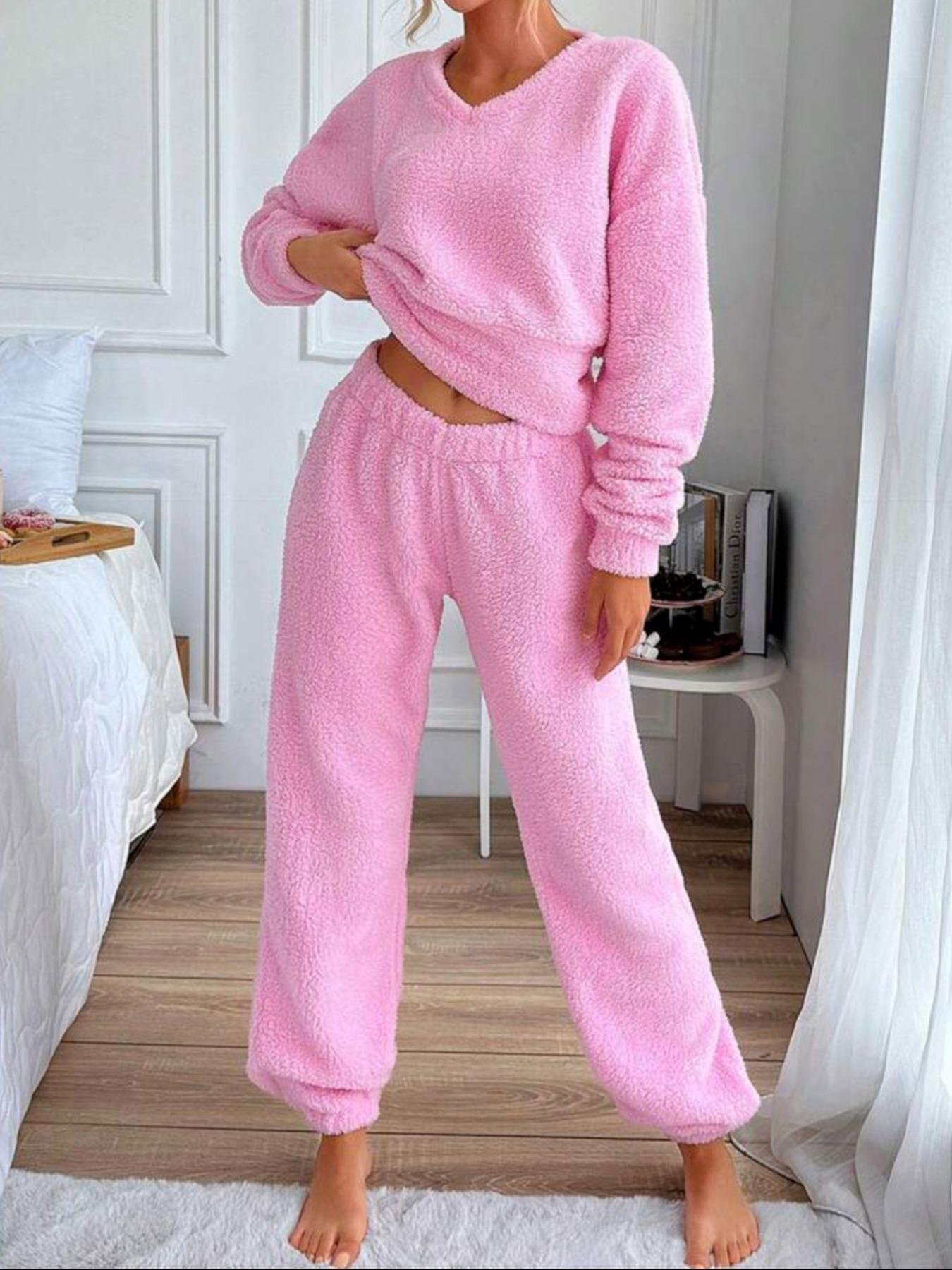 Regelmäßige Passform Lässig V-Ausschnitt Unifarben Pyjama Set