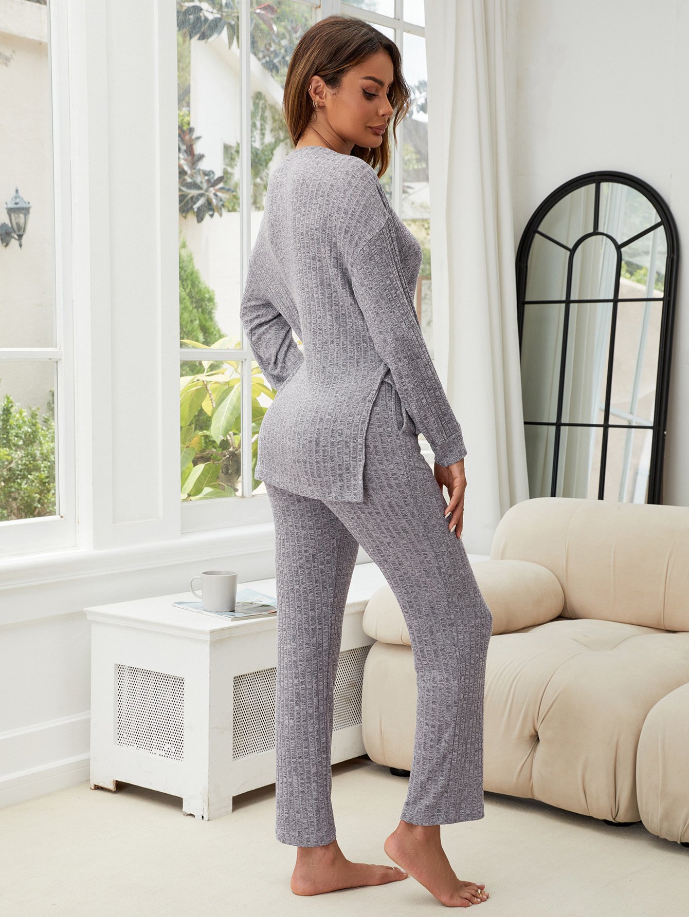 Regelmäßige Passform Unifarben Rundhals Lässig Pyjama Set