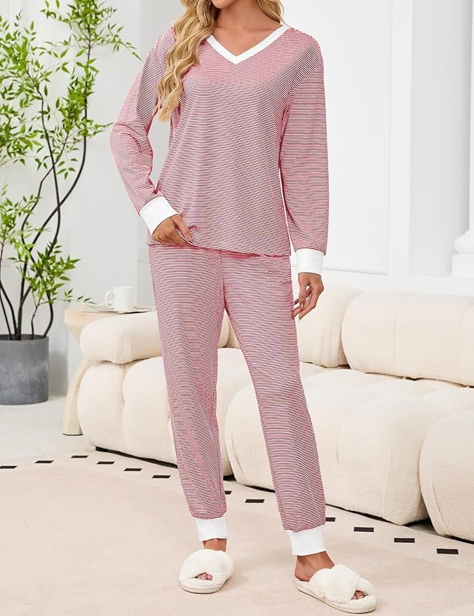 Farbblock V-Ausschnitt Lässig Regelmäßige Passform Pyjama Set