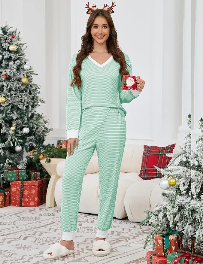 Farbblock V-Ausschnitt Lässig Regelmäßige Passform Pyjama Set
