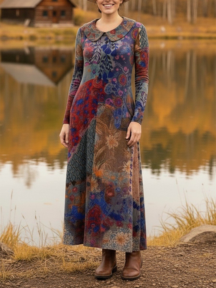 Damen Geblümt Frühling/Herbst Kleid Schalkragen Langarm A-Linien-Kleid