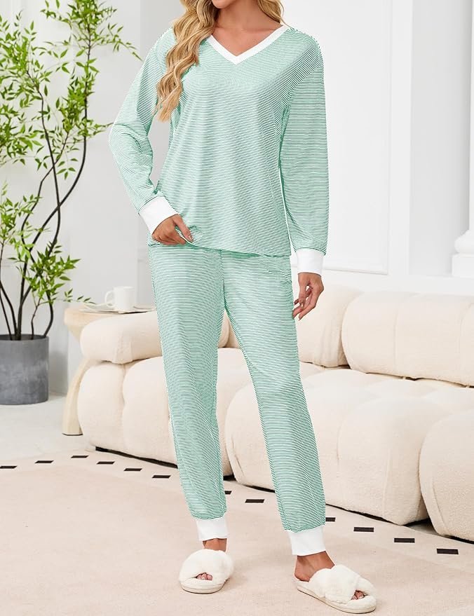 Farbblock V-Ausschnitt Lässig Regelmäßige Passform Pyjama Set