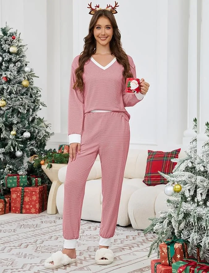 Farbblock V-Ausschnitt Lässig Regelmäßige Passform Pyjama Set