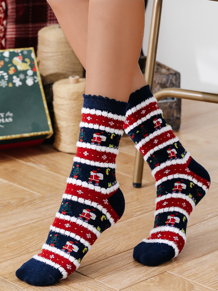Damen Weihnachten Socken Herbst und Winter Pelz Socken Weihnachtsmann Elch Weihnachtsbaum Schneemann Schneeflocke Gestreift Geschenk Mittelrohr Weihnachten Socken