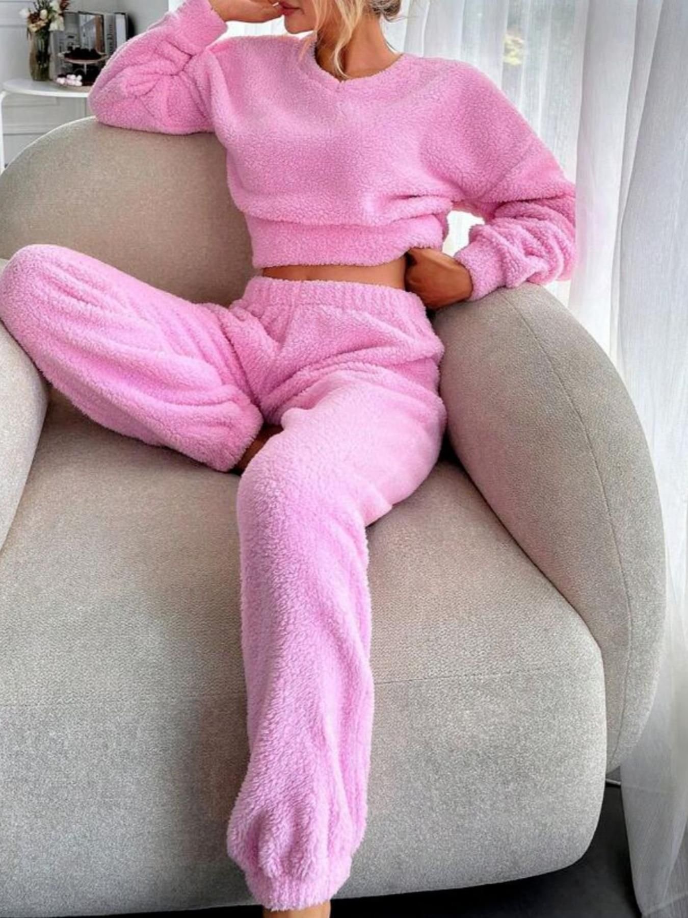 Regelmäßige Passform Lässig V-Ausschnitt Unifarben Pyjama Set