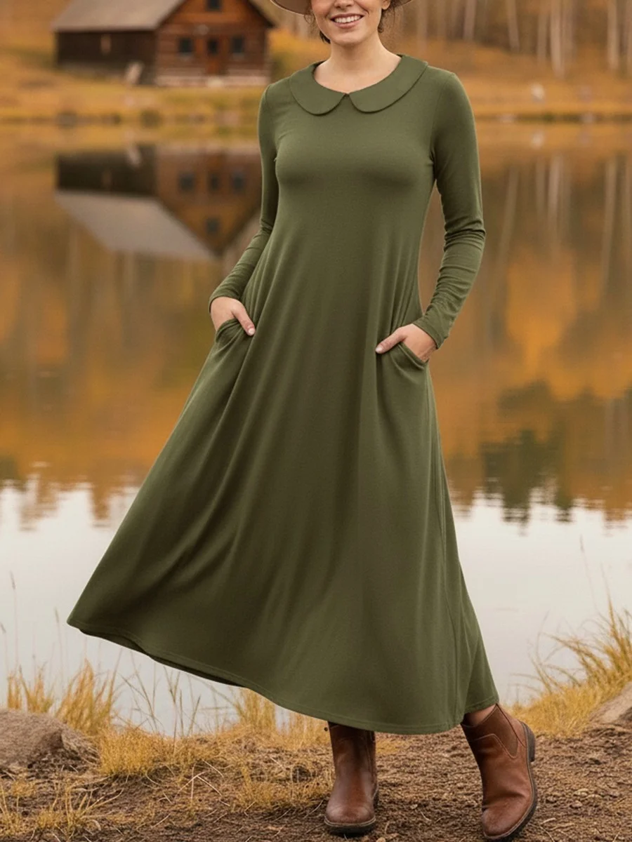 Damen Unifarben Frühling/Herbst Kleid Schalkragen Langarm A-Linien-Kleid
