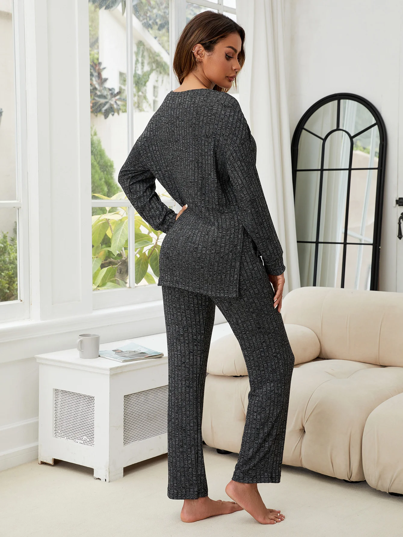 Regelmäßige Passform Unifarben Rundhals Lässig Pyjama Set