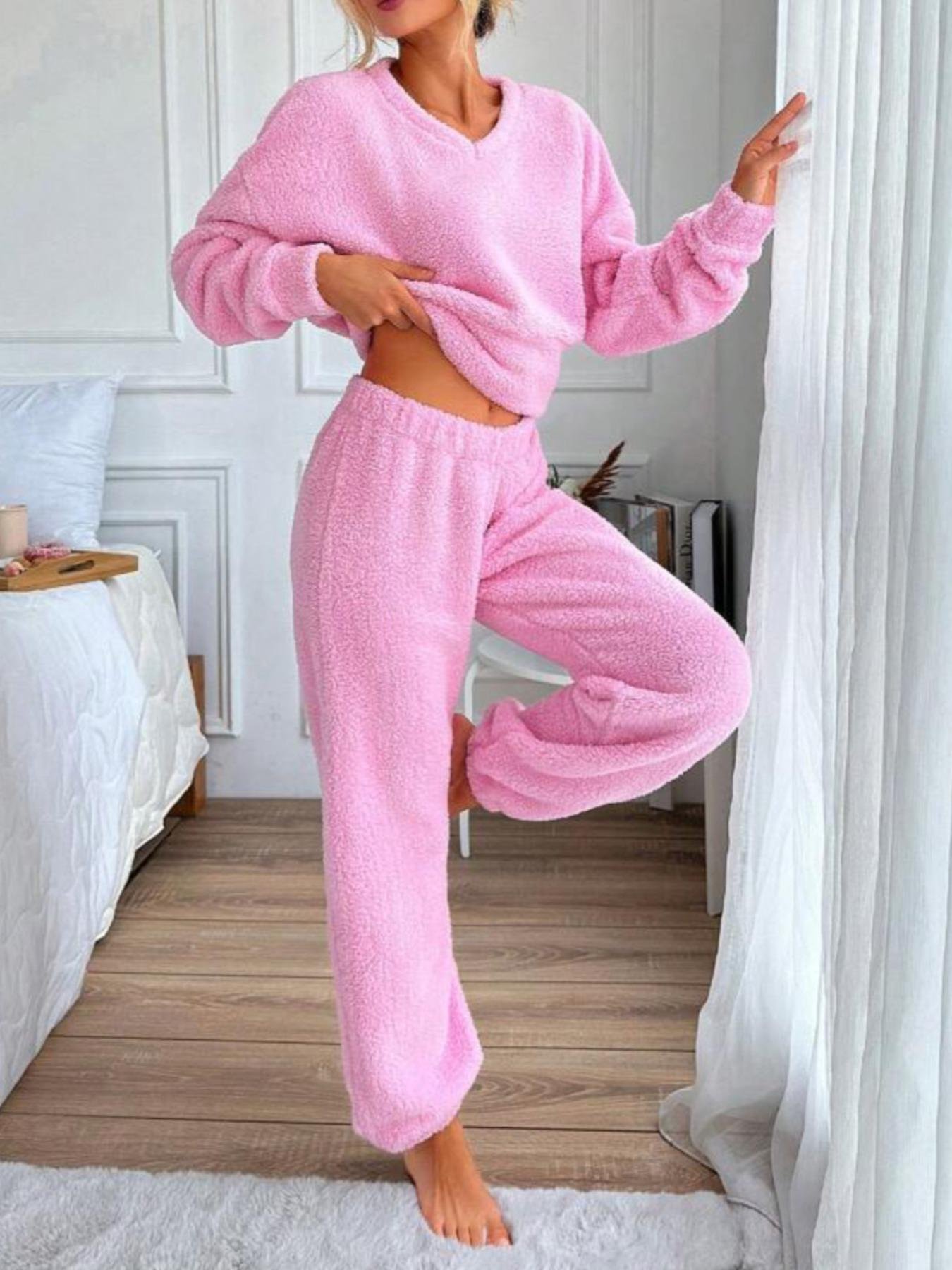 Regelmäßige Passform Lässig V-Ausschnitt Unifarben Pyjama Set