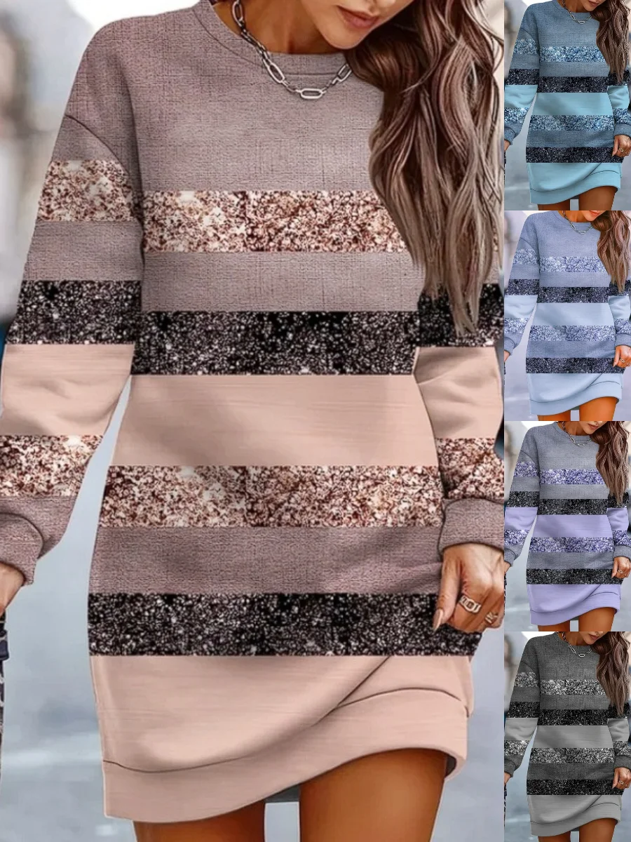 Damen Gestreift Frühling/Herbst Print Kleid Rundhals Langarm Hüftrock A-Linien-Kleid