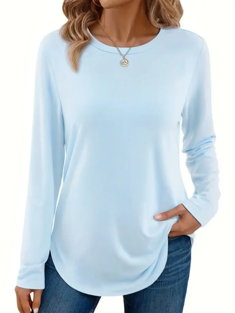 Lässig Unifarben Farbe Rundhals Langarm T-Shirt