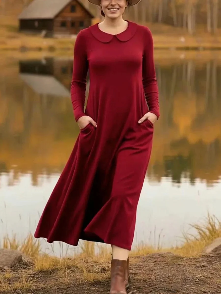 Damen Unifarben Frühling/Herbst Kleid Schalkragen Langarm A-Linien-Kleid