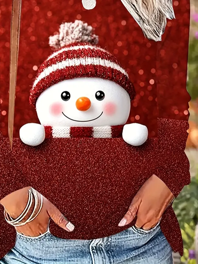 Lässig Weihnachtsschneemann Rundhals Langarm T-Shirt