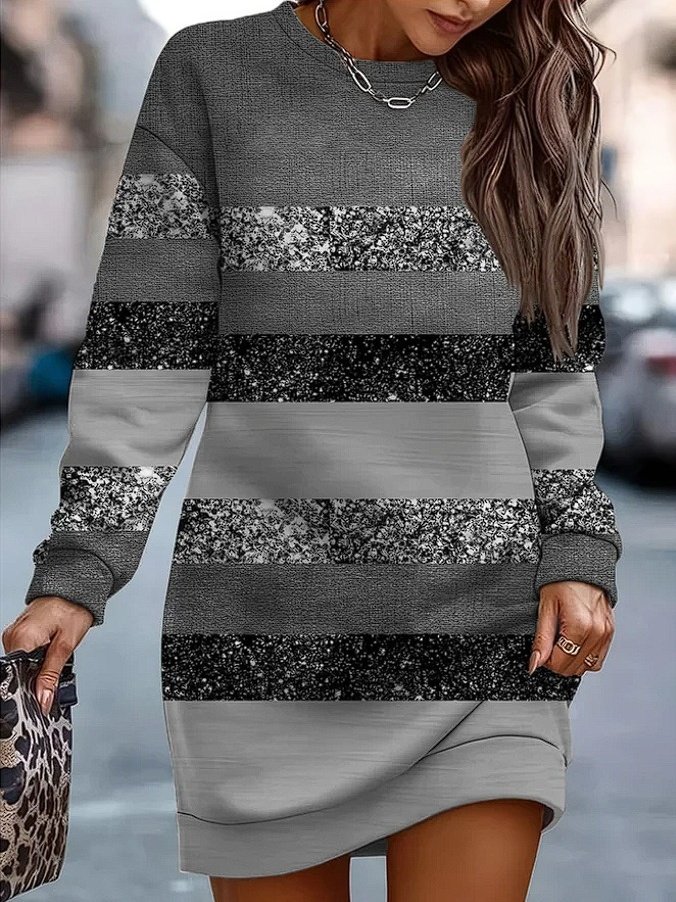 Damen Gestreift Frühling/Herbst Print Kleid Rundhals Langarm Hüftrock A-Linien-Kleid