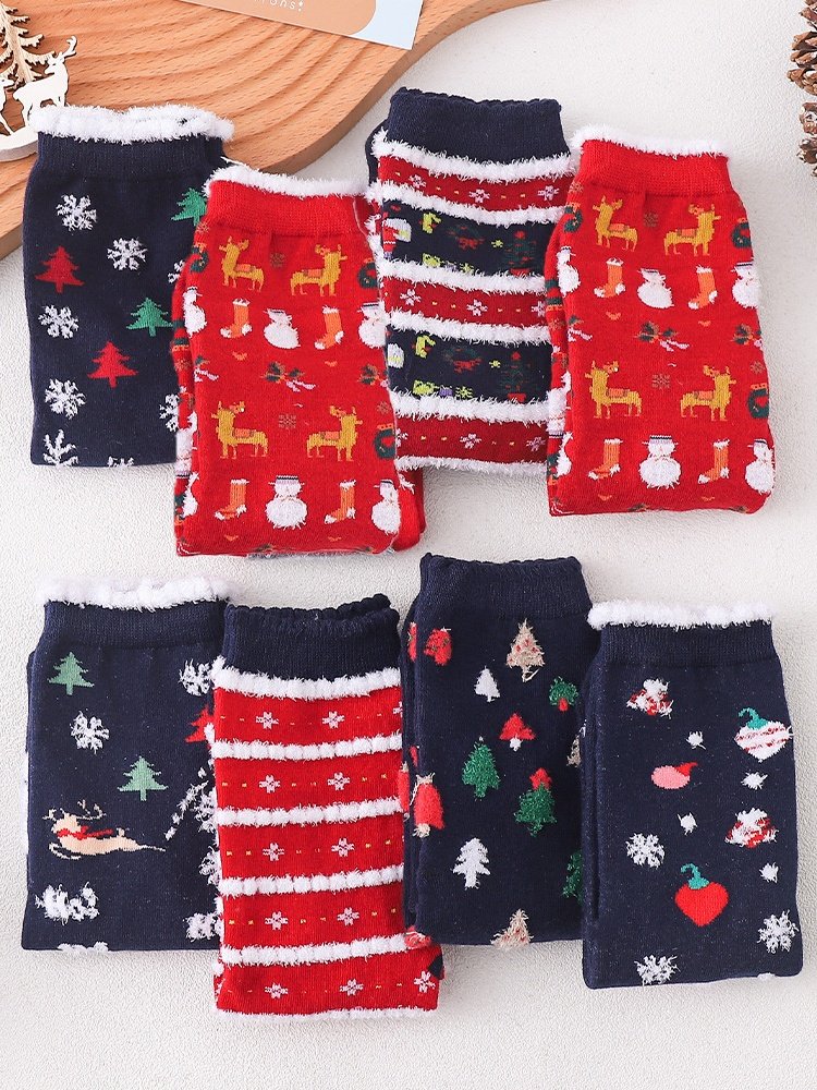 Damen Weihnachten Socken Herbst und Winter Pelz Socken Weihnachtsmann Elch Weihnachtsbaum Schneemann Schneeflocke Gestreift Geschenk Mittelrohr Weihnachten Socken