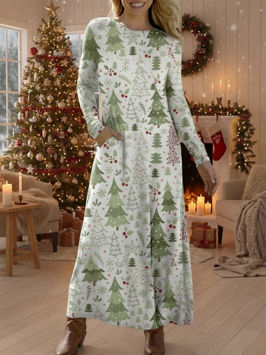Damen Weihnachten Sommer Kleid Rundhals Langarm H-Linie Kleid