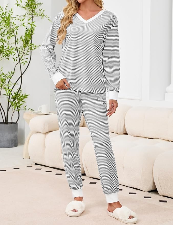 Farbblock V-Ausschnitt Lässig Regelmäßige Passform Pyjama Set