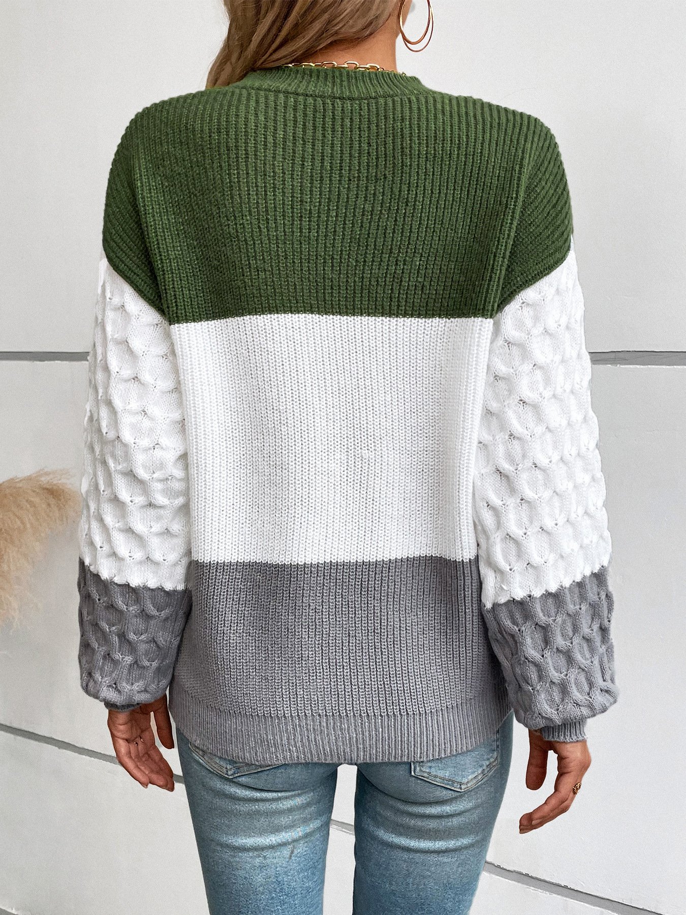 Damen Baumwolle Farbblock Langarm Bequem Lässig Pullover