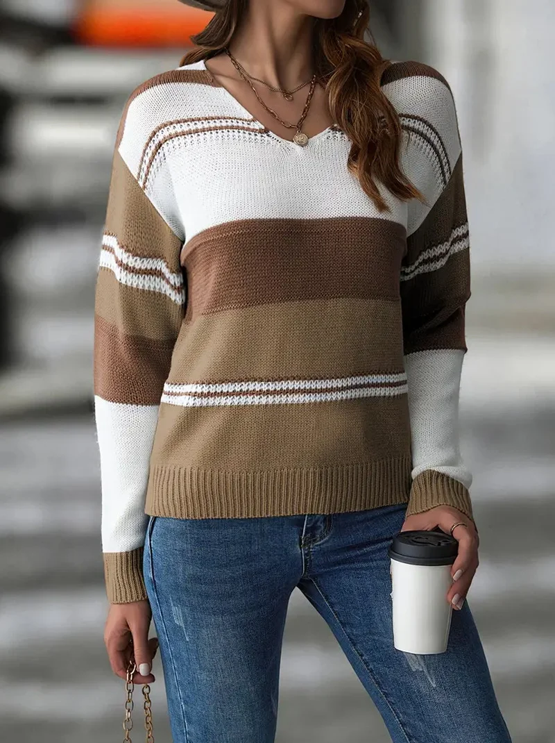 Damen Baumwolle Farbblock Langarm Bequem Lässig Pullover