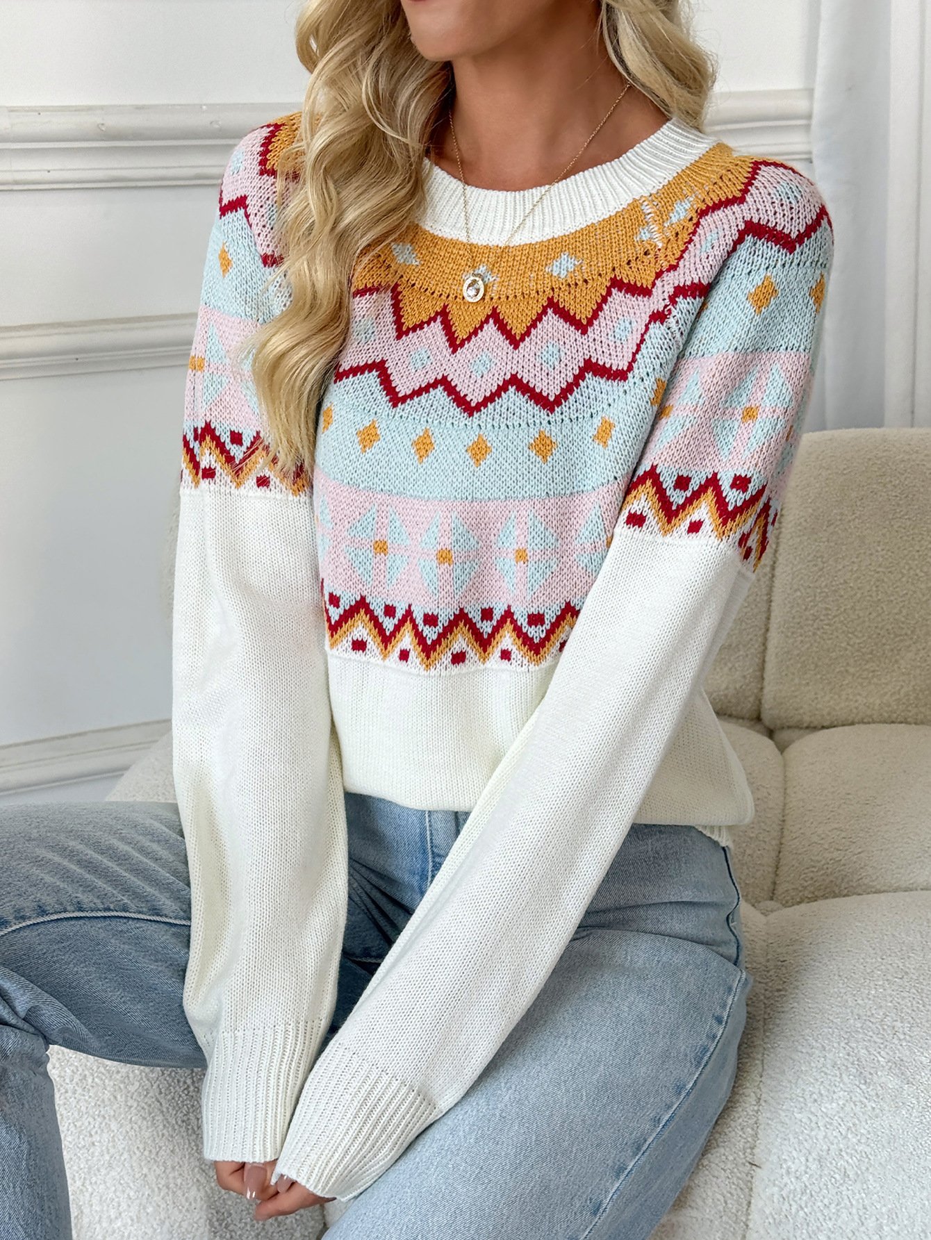 Damen Baumwolle Geometrisch Langarm Bequem Lässig Pullover